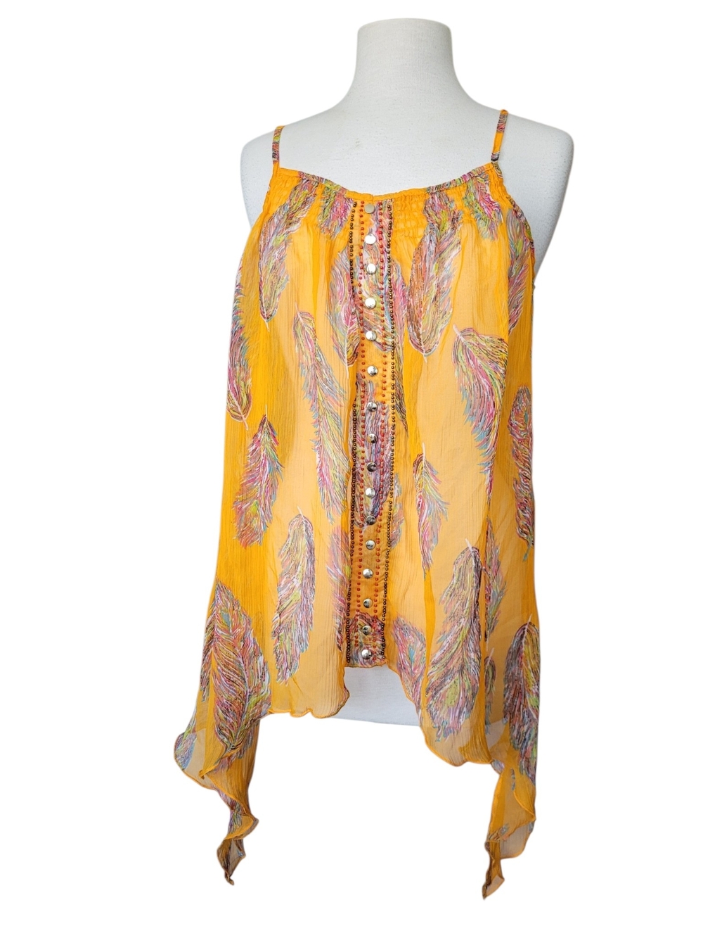 Vintage Y2K Boho Fairycore Sheer Hankie Hem Cami Feather Print